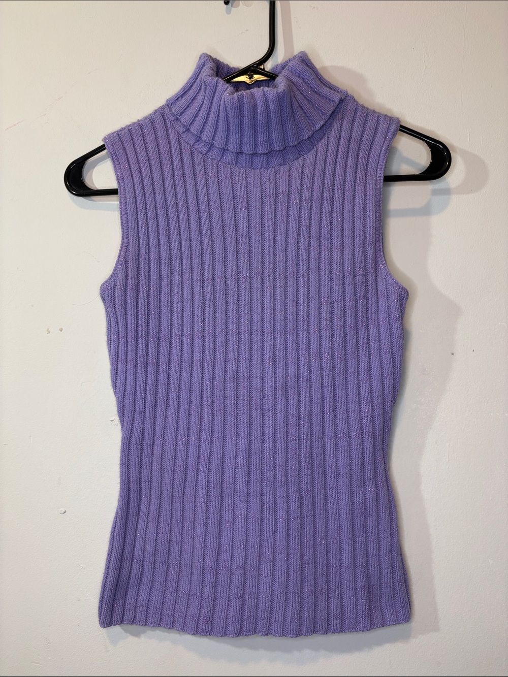 Y2K Lavender Purple Metallic Thread Ribbed Knit Sleeveless Turtleneck Layering